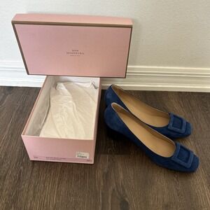 MINT Ann Mashburn Suede Buckle Stacked Block Heel Pump Blue Women's Sz 39.5 US 9